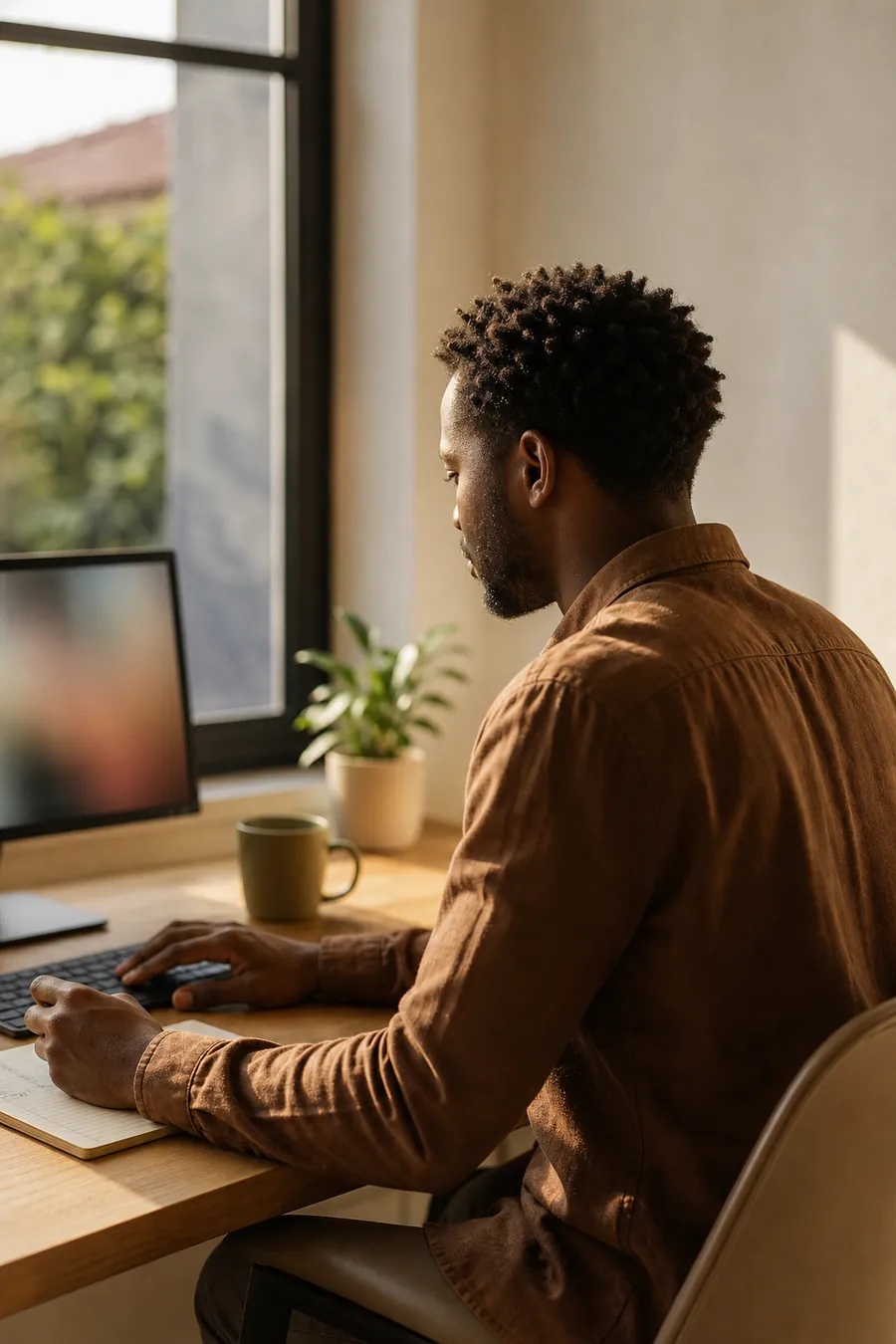 A designer working at a desk by a window